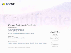 Certificate for face surgery in Indore or facial trauma treatment by AOCMF in 2017