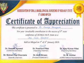 Certificate of Key note speaker at 8th conference of AOMSI in MP, India