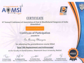 Certificate for TMJ replacement and arthroscopy by AOMSI in 2016
