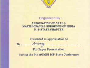 Certificate for Paper presentation at Conference of Association of Oral and Maxillofacial Surgeons of India MP state chapter in september 2016