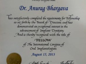Certificate of The International Congress of Oral Implantologists- awarded to Dr Anurag Bhargava for dental implants in Indore in the year 2013