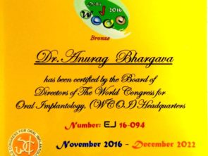the world congress for oral implantology certificate awarded to Dr Anurag Bhargava- oral surgeon in Indore