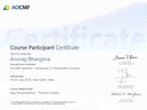 Certificate for excellence in jaw surgery in Indore or orthognathic surgery by AOCMF in 2019