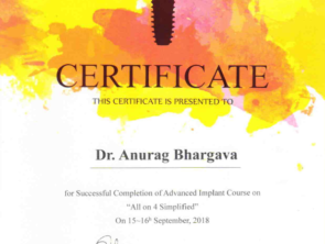 Certificate of completion of All on 4 Dental implants advance course in 2018 by Dentium Academy